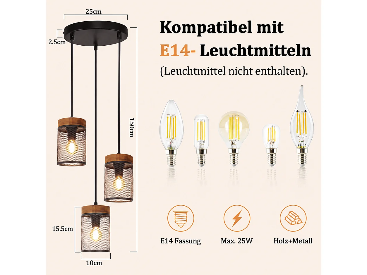 NETTLIFE Hängelampe für Esstisch 3 Flammen E14, Leuchte aus Holz und Metall Schwarz Vintage, Deckenleuchte Industrie-Retro für Wohnzimmer (Ohne Leuchtmittel)