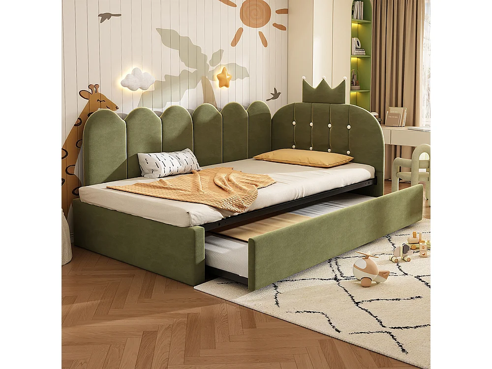 Canapé-lit 90 x 200 cm avec lit gigogne 90 x 190 cm, Lit simple rembourré avec couronne, Structure en métal, Velours, Vert