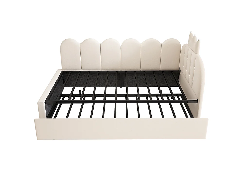 Canapé-lit 90 x 200 cm avec lit gigogne 90 x 190 cm, Lit simple rembourré avec couronne, Structure en métal, Velours, Beige
