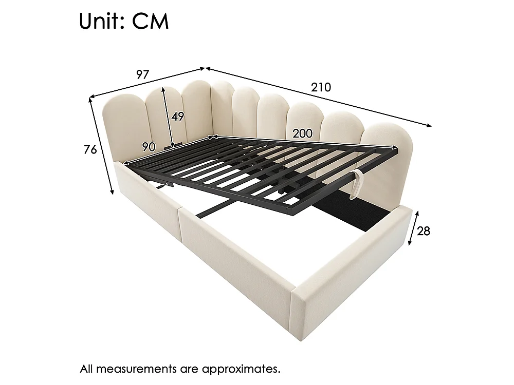 Lit coffre rembourré 90x200 cm - Canapé-lit avec coffre de rangement - Lit enfant avec sommier à lattes - Velours - Beige