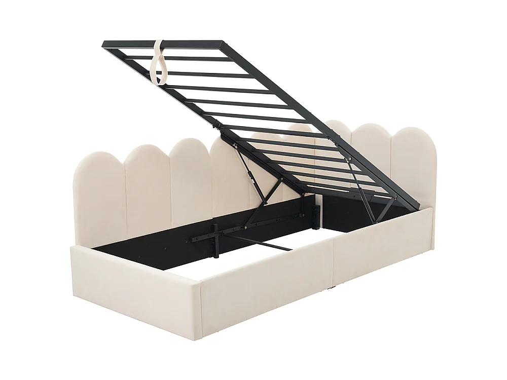 Lit coffre rembourré 90x200 cm - Canapé-lit avec coffre de rangement - Lit enfant avec sommier à lattes - Velours - Beige