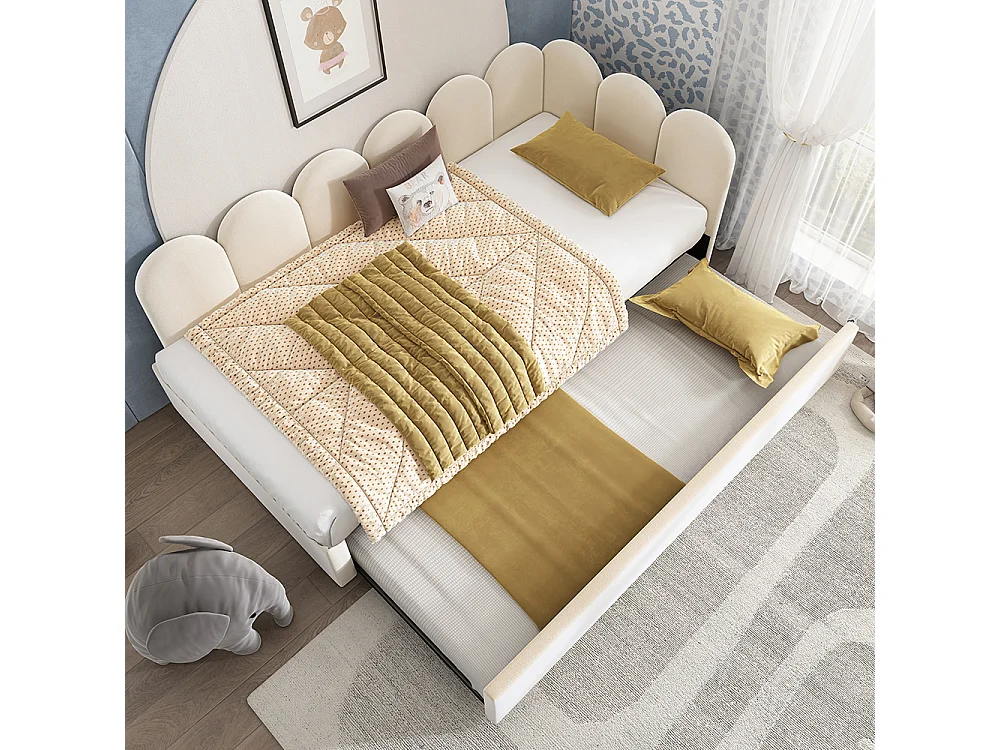 Lit simple rembourré 90 x 200 cm, Canapé-lit avec lit gigogne 90 x 190 cm, Lit enfant avec sommier à lattes, Velours, Beige, Sans matelas