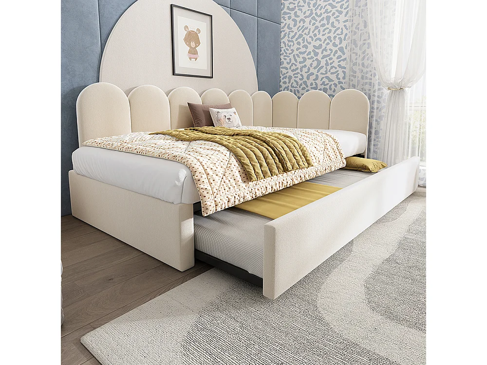 Lit simple rembourré 90 x 200 cm, Canapé-lit avec lit gigogne 90 x 190 cm, Lit enfant avec sommier à lattes, Velours, Beige, Sans matelas