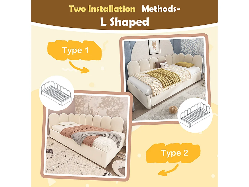 Lit simple rembourré 90 x 200 cm, Canapé-lit avec lit gigogne 90 x 190 cm, Lit enfant avec sommier à lattes, Velours, Beige, Sans matelas