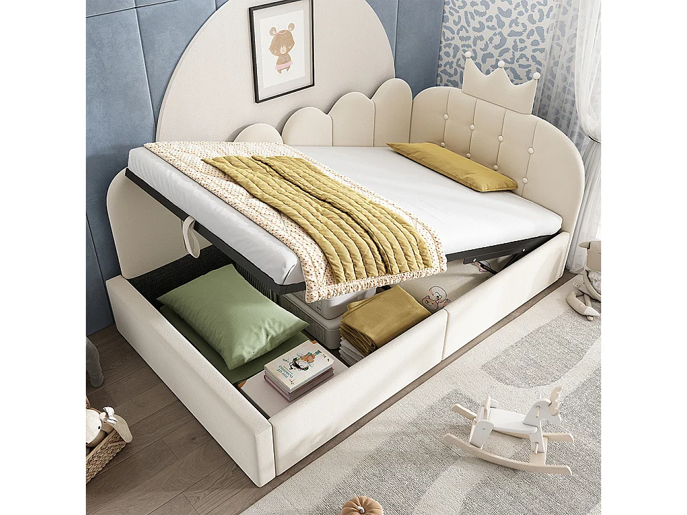 Lit simple rembourré 90 x 200 cm, Canapé-lit avec hydraulique rangement, Lit enfant avec couronne, sommier à lattes, velours beige, sans matelas