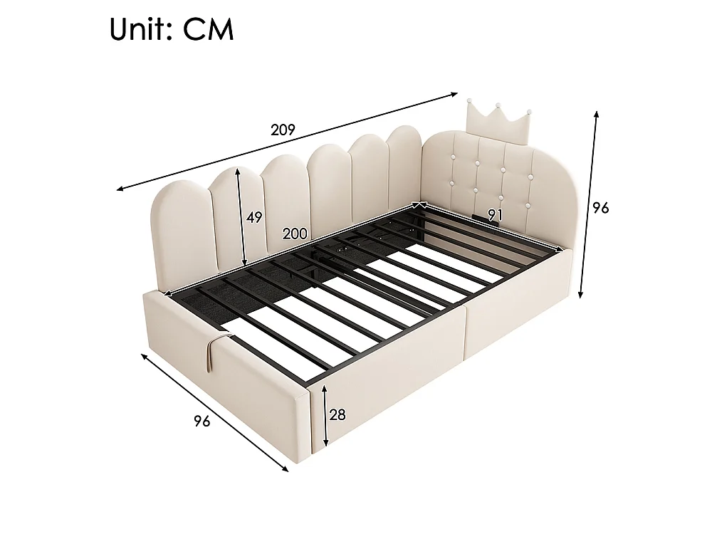 Lit simple rembourré 90 x 200 cm, Canapé-lit avec hydraulique rangement, Lit enfant avec couronne, sommier à lattes, velours beige, sans matelas