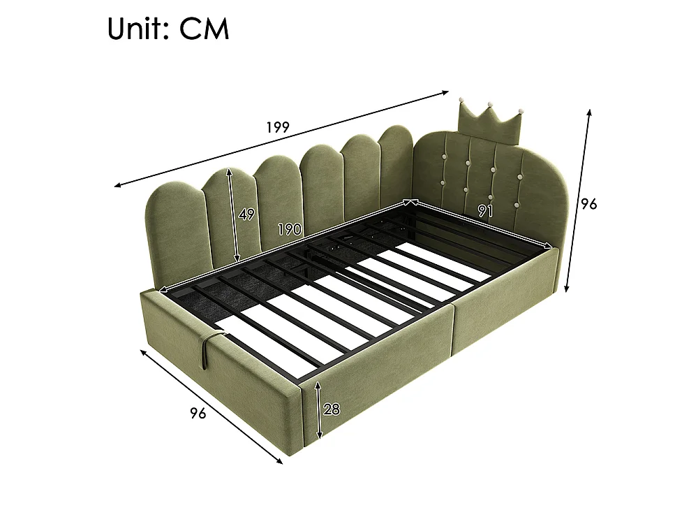 Lit simple rembourré 90 x 190 cm, Canapé-lit avec hydraulique rangement, Lit enfant avec couronne, sommier à lattes, velours vert, sans matelas
