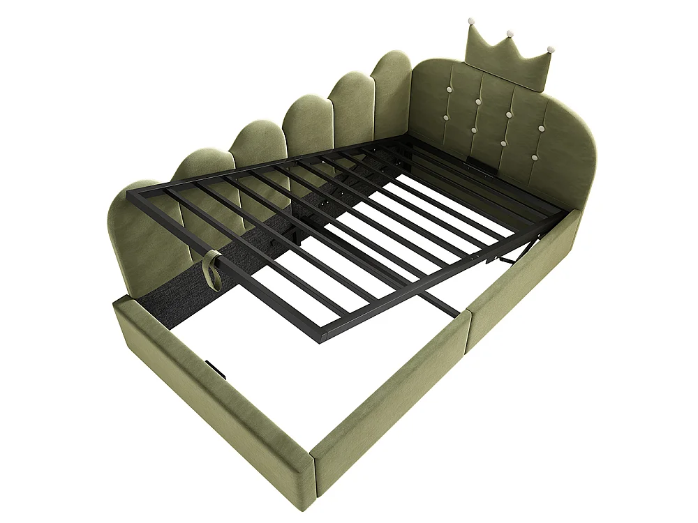 Lit simple rembourré 90 x 190 cm, Canapé-lit avec hydraulique rangement, Lit enfant avec couronne, sommier à lattes, velours vert, sans matelas