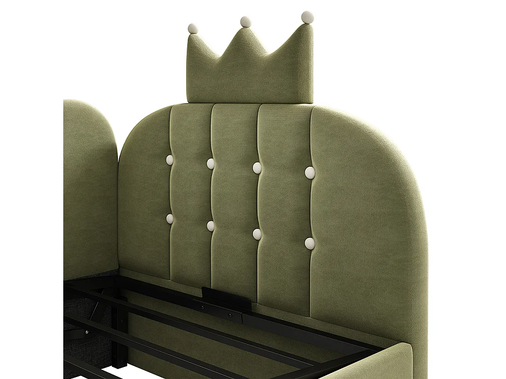 Lit simple rembourré 90 x 190 cm, Canapé-lit avec hydraulique rangement, Lit enfant avec couronne, sommier à lattes, velours vert, sans matelas