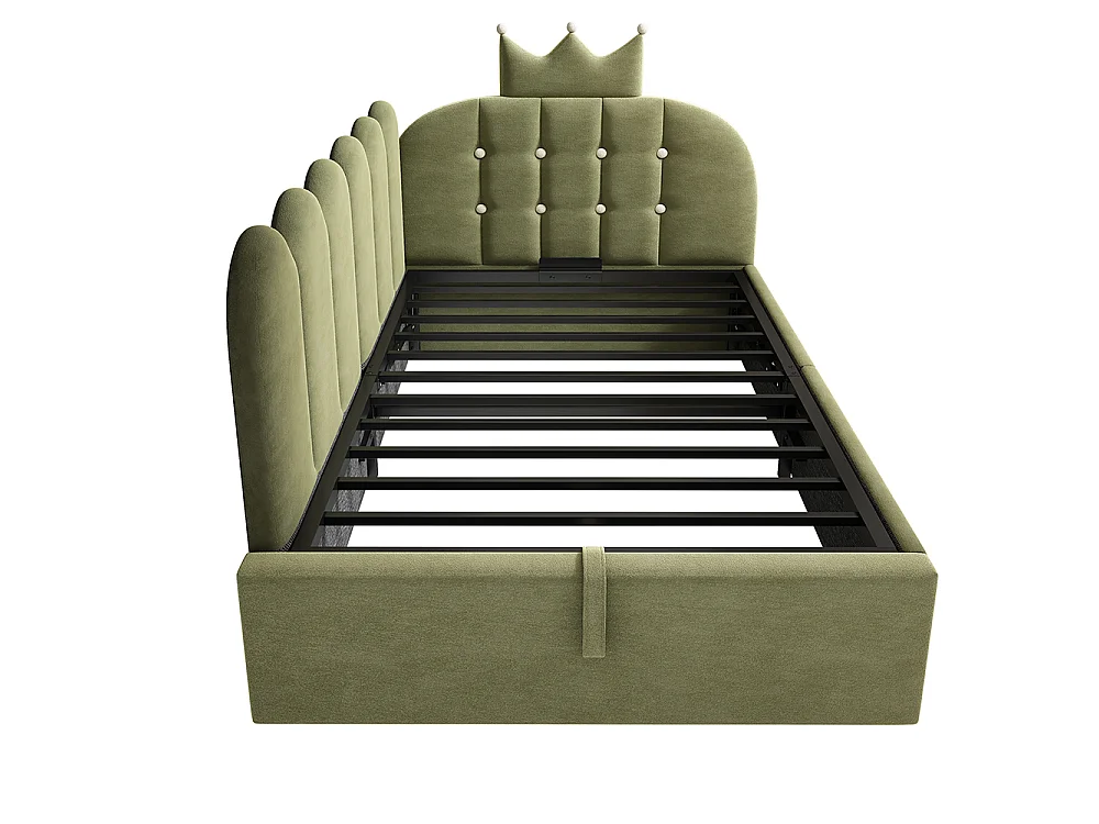 Lit simple rembourré 90 x 200 cm, Canapé-lit avec hydraulique rangement, Lit enfant avec couronne, sommier à lattes, velours vert, sans matelas