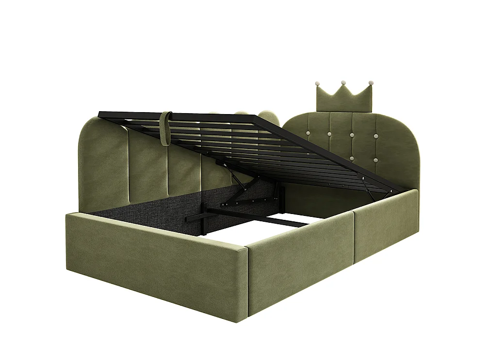 Lit simple rembourré 90 x 200 cm, Canapé-lit avec hydraulique rangement, Lit enfant avec couronne, sommier à lattes, velours vert, sans matelas