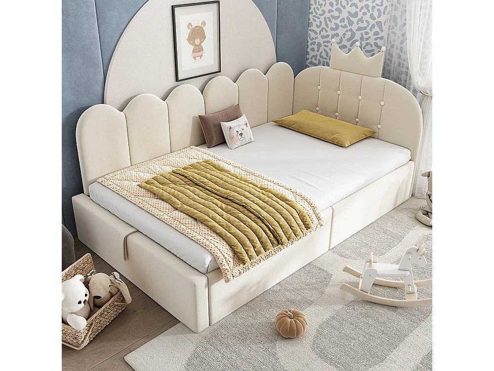 Lit simple rembourré 90 x 190 cm, Canapé-lit avec hydraulique rangement, Lit enfant avec couronne, sommier à lattes, velours beige, sans matelas