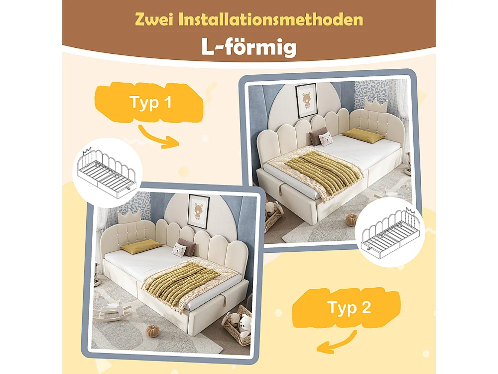 Lit simple rembourré 90 x 190 cm, Canapé-lit avec hydraulique rangement, Lit enfant avec couronne, sommier à lattes, velours beige, sans matelas