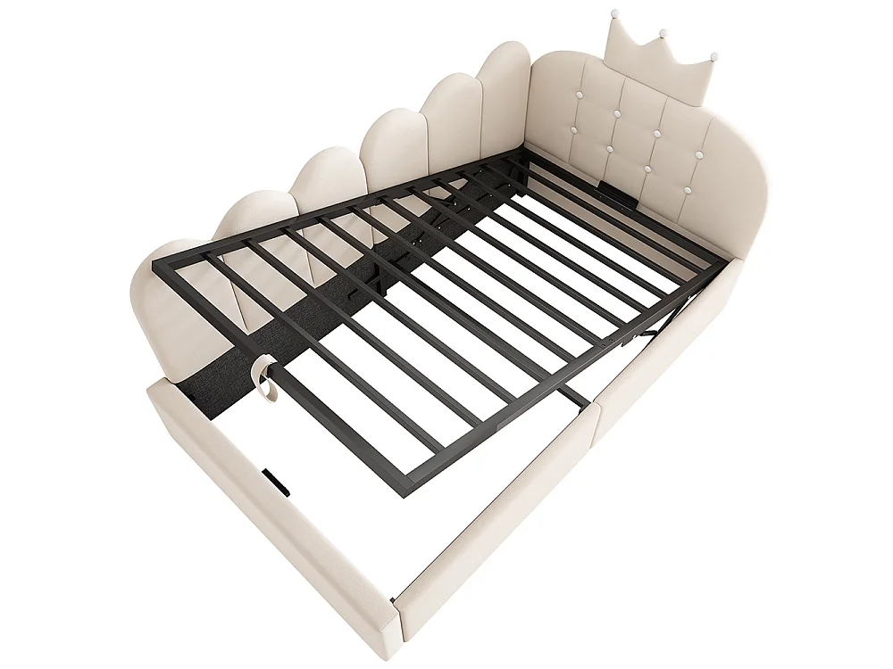 Lit simple rembourré 90 x 190 cm, Canapé-lit avec hydraulique rangement, Lit enfant avec couronne, sommier à lattes, velours beige, sans matelas
