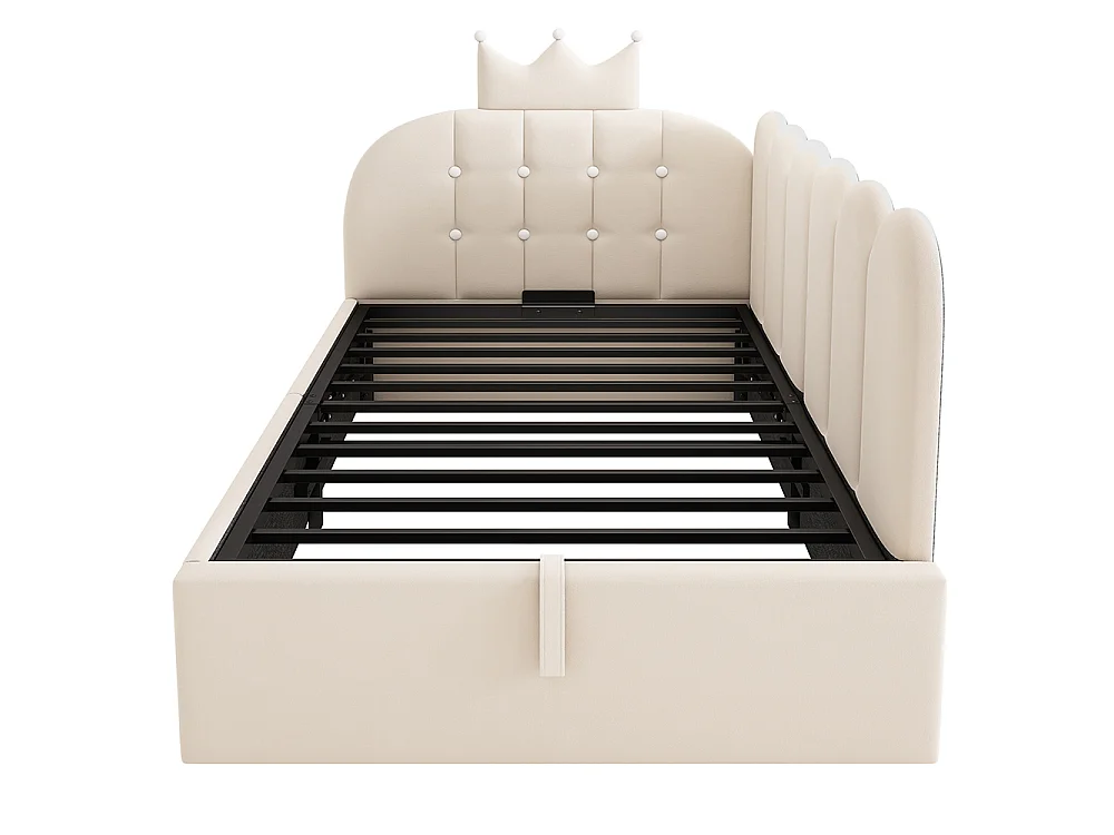 Lit simple rembourré 90 x 190 cm, Canapé-lit avec hydraulique rangement, Lit enfant avec couronne, sommier à lattes, velours beige, sans matelas