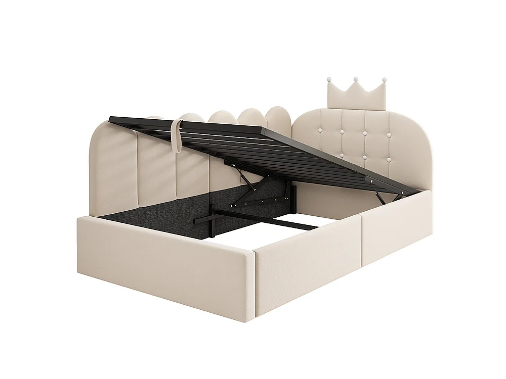 Lit simple rembourré 90 x 190 cm, Canapé-lit avec hydraulique rangement, Lit enfant avec couronne, sommier à lattes, velours beige, sans matelas