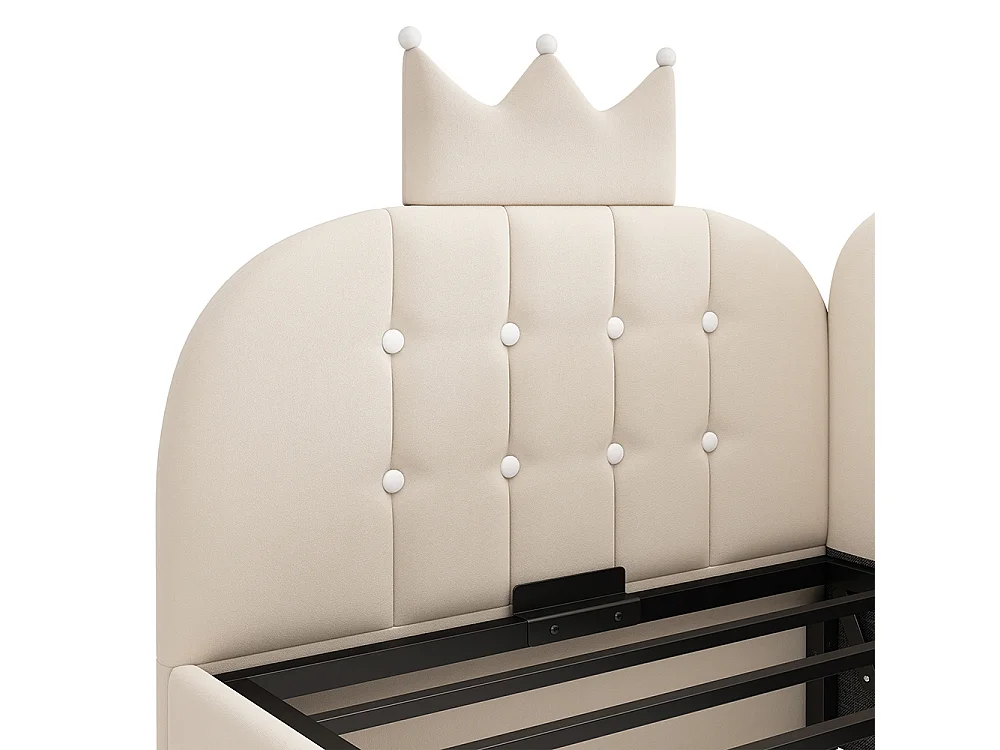 Lit simple rembourré 90 x 190 cm, Canapé-lit avec hydraulique rangement, Lit enfant avec couronne, sommier à lattes, velours beige, sans matelas