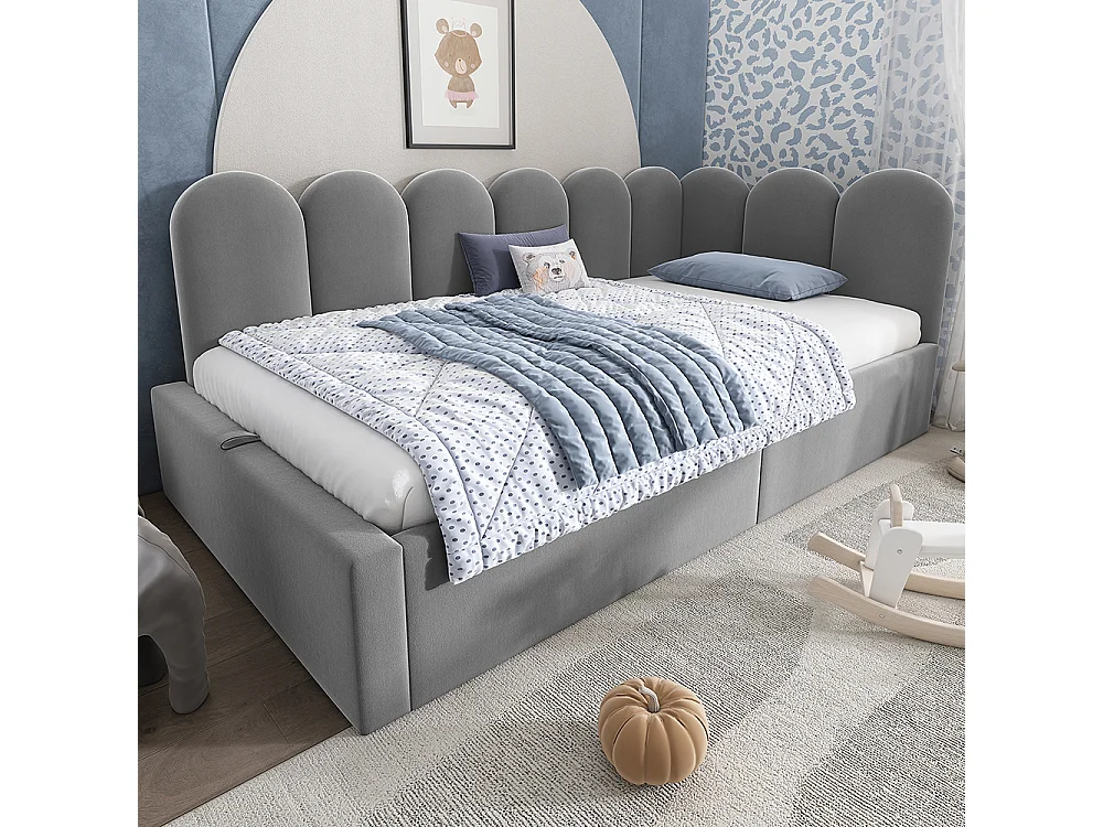 Lit coffre rembourré 90x200 cm - Canapé-lit avec coffre de rangement - Lit enfant avec sommier à lattes - Velours - Gris