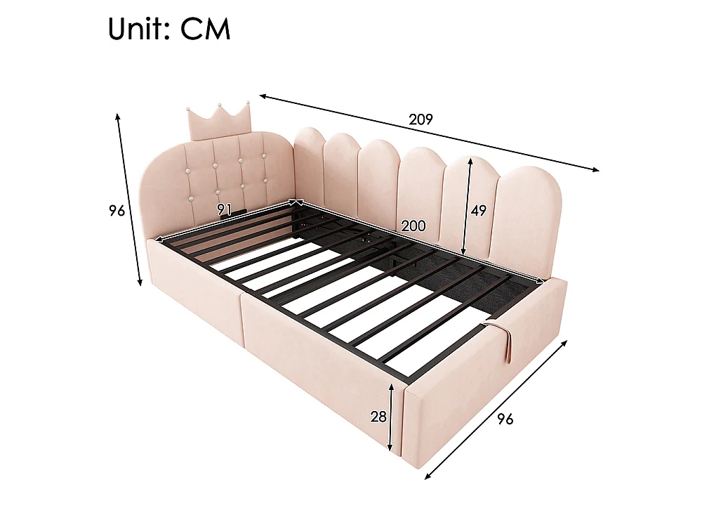 Lit simple rembourré 90 x 200 cm, Canapé-lit avec hydraulique rangement, Lit enfant avec couronne, sommier à lattes, velours rose, sans matelas