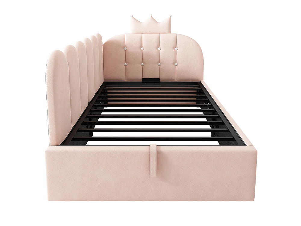 Lit simple rembourré 90 x 200 cm, Canapé-lit avec hydraulique rangement, Lit enfant avec couronne, sommier à lattes, velours rose, sans matelas