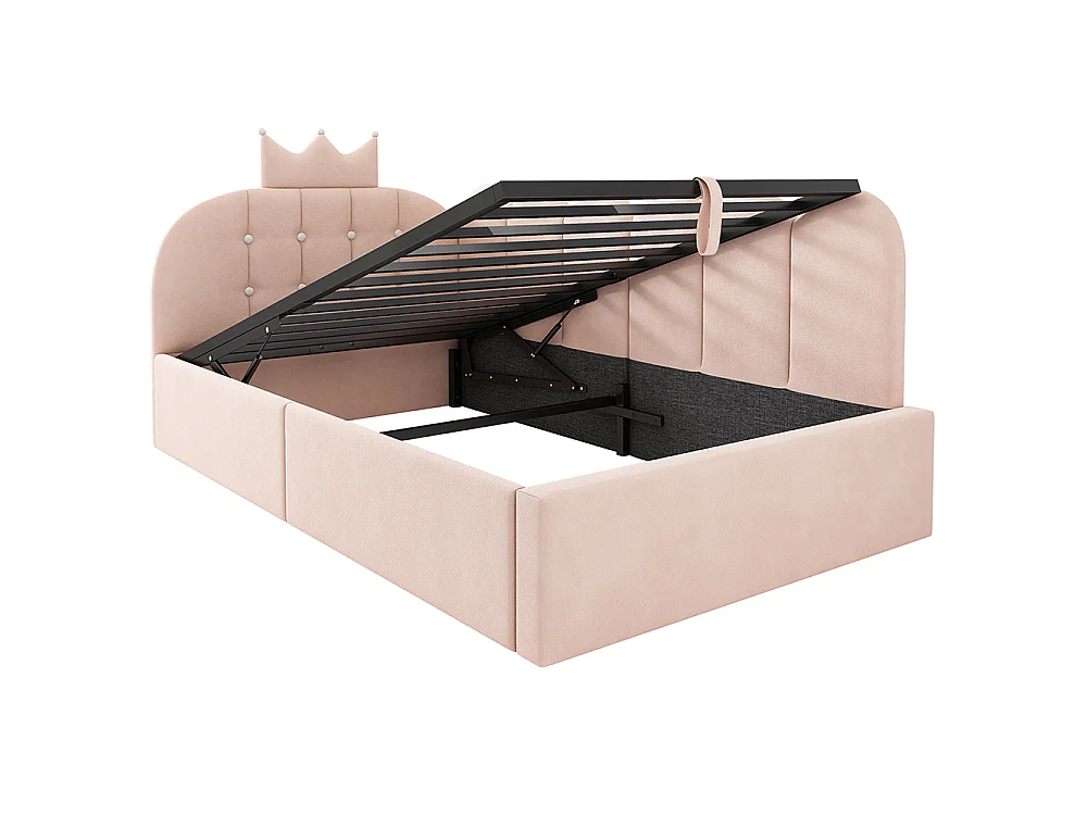 Lit simple rembourré 90 x 200 cm, Canapé-lit avec hydraulique rangement, Lit enfant avec couronne, sommier à lattes, velours rose, sans matelas