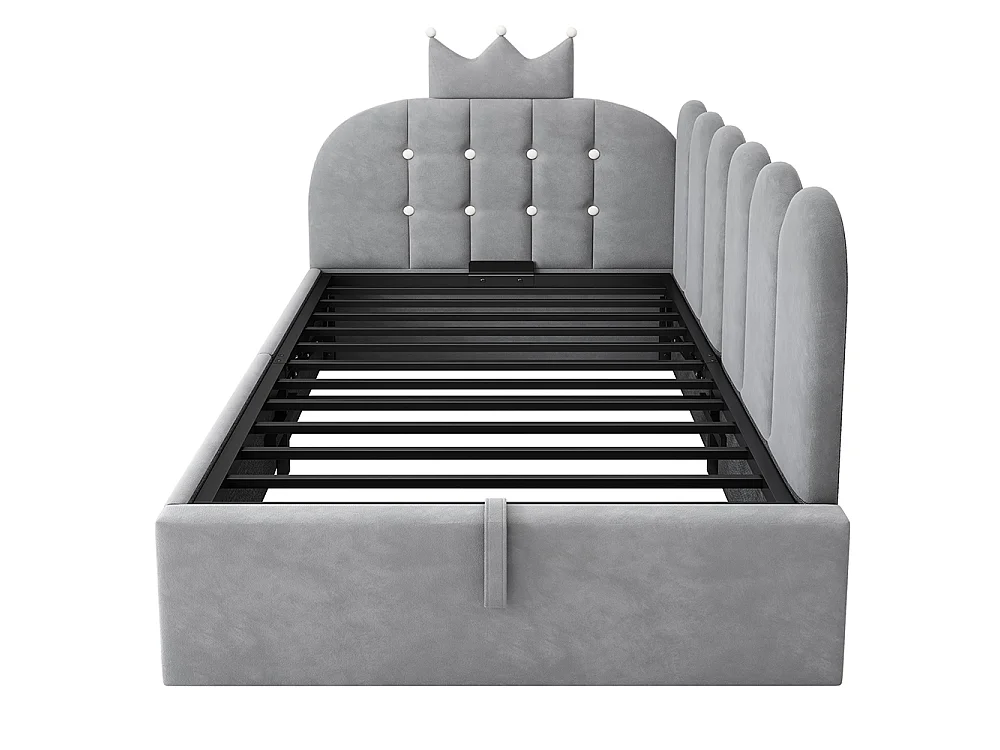 Lit simple rembourré 90 x 190 cm, Canapé-lit avec hydraulique rangement, Lit enfant avec couronne, sommier à lattes, velours gris, sans matelas