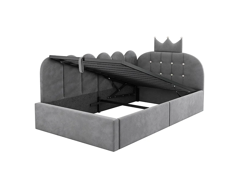 Lit simple rembourré 90 x 190 cm, Canapé-lit avec hydraulique rangement, Lit enfant avec couronne, sommier à lattes, velours gris, sans matelas