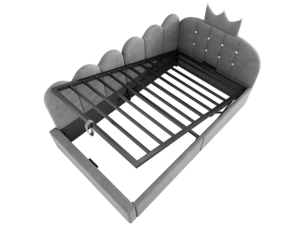 Lit simple rembourré 90 x 190 cm, Canapé-lit avec hydraulique rangement, Lit enfant avec couronne, sommier à lattes, velours gris, sans matelas