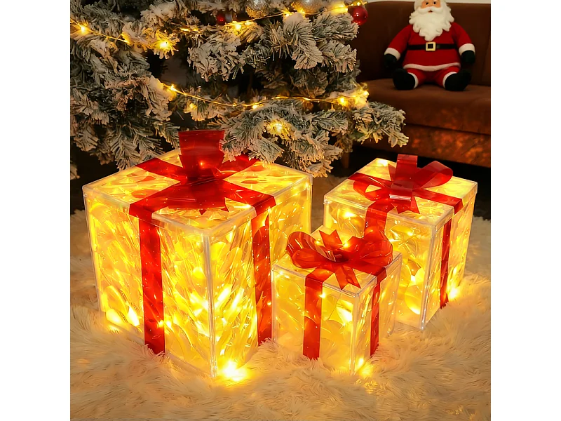 Nettlife Décoration Noël LED, Lot de 3 Boîtes Cadeaux Lumineuses, Étanche Intérieur/Extérieur, 8 Modes, Ornement Festif pour Sapin Porche