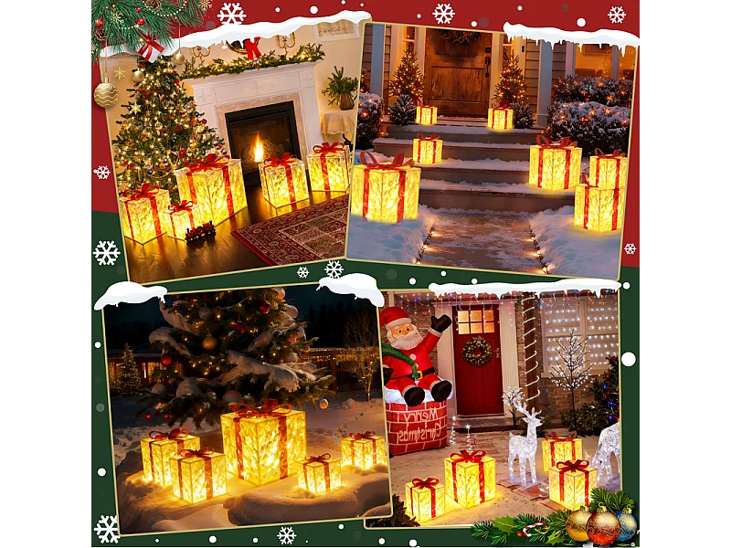 Nettlife Décoration Noël LED, Lot de 3 Boîtes Cadeaux Lumineuses, Étanche Intérieur/Extérieur, 8 Modes, Ornement Festif pour Sapin Porche