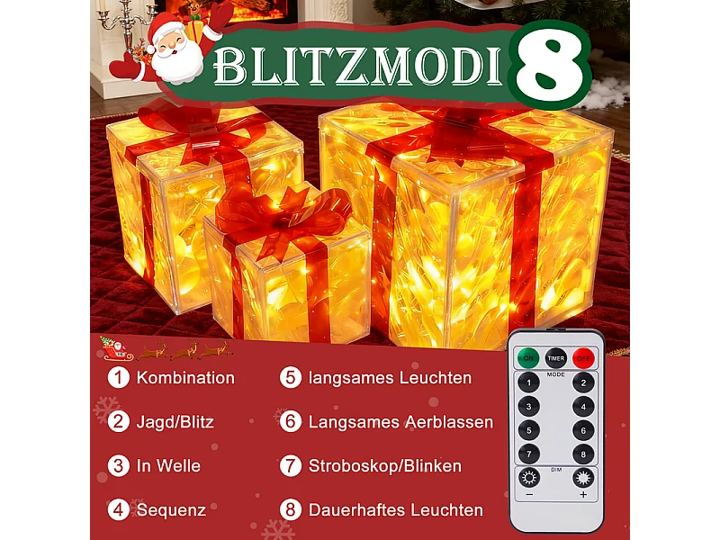 Nettlife Décoration Noël LED, Lot de 3 Boîtes Cadeaux Lumineuses, Étanche Intérieur/Extérieur, 8 Modes, Ornement Festif pour Sapin Porche