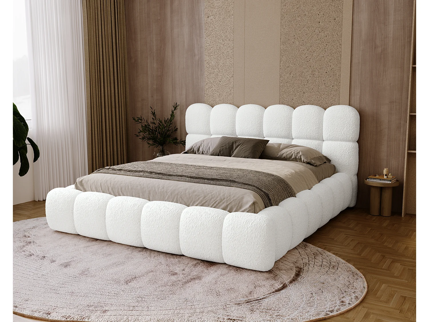 BESILIO Bouclé gestoffeerd bed 160x200 Chicago - dikke vulling, opbergruimte en lattenbodem - Wit