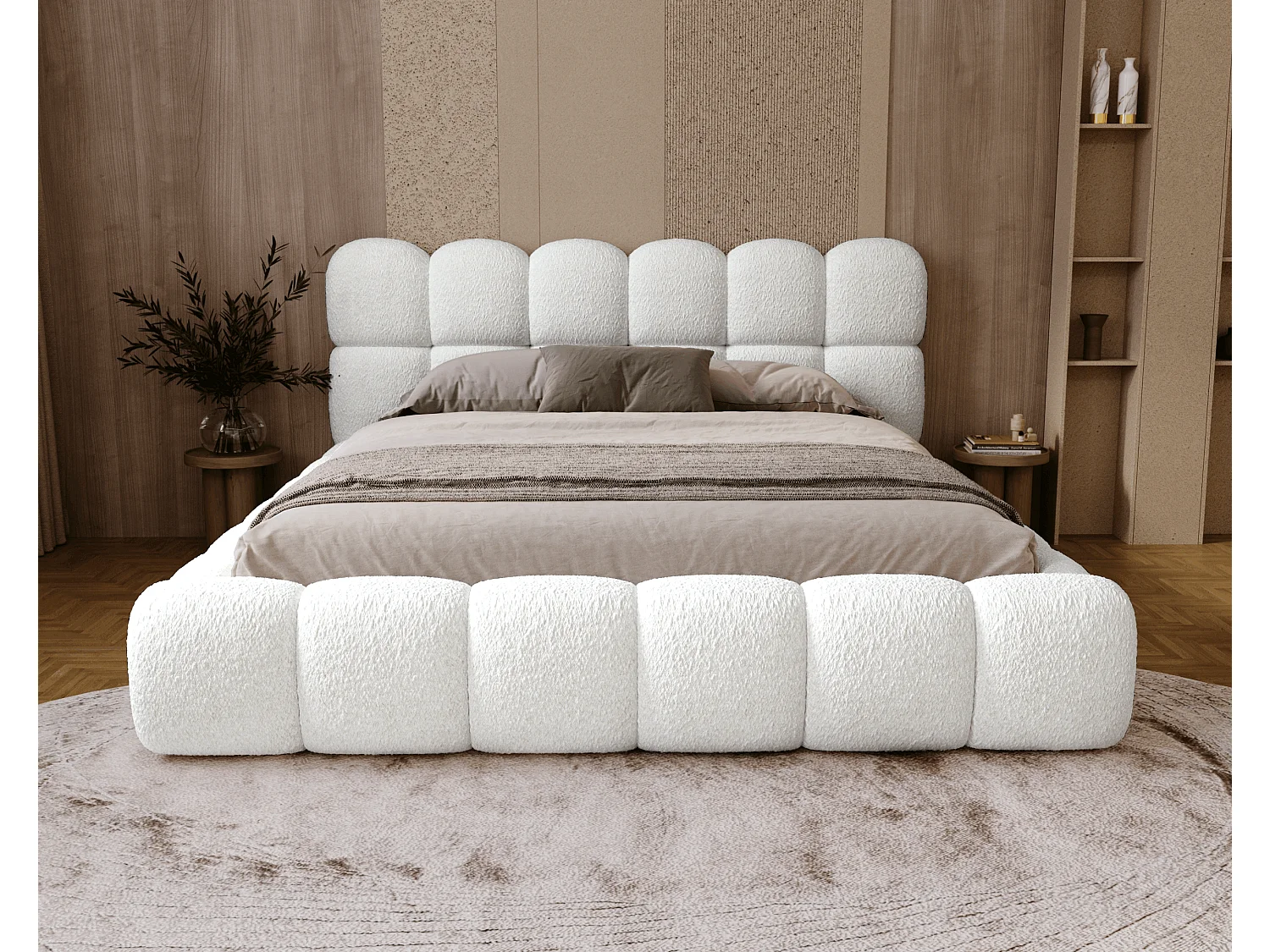 BESILIO Bouclé gestoffeerd bed 160x200 Chicago - dikke vulling, opbergruimte en lattenbodem - Wit