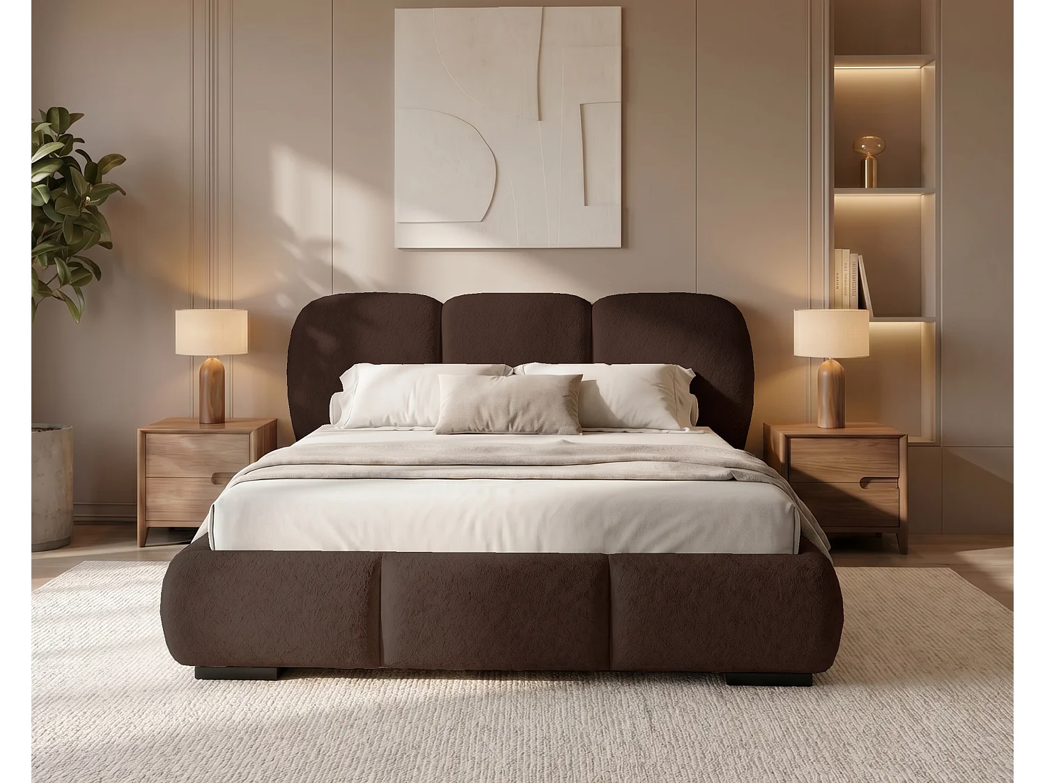 BESILIO Bed met opbergruimte en lattenbodem 180x200 Holi – tweepersoons gestoffeerd bed van bouclé-/teddystof – Bruin