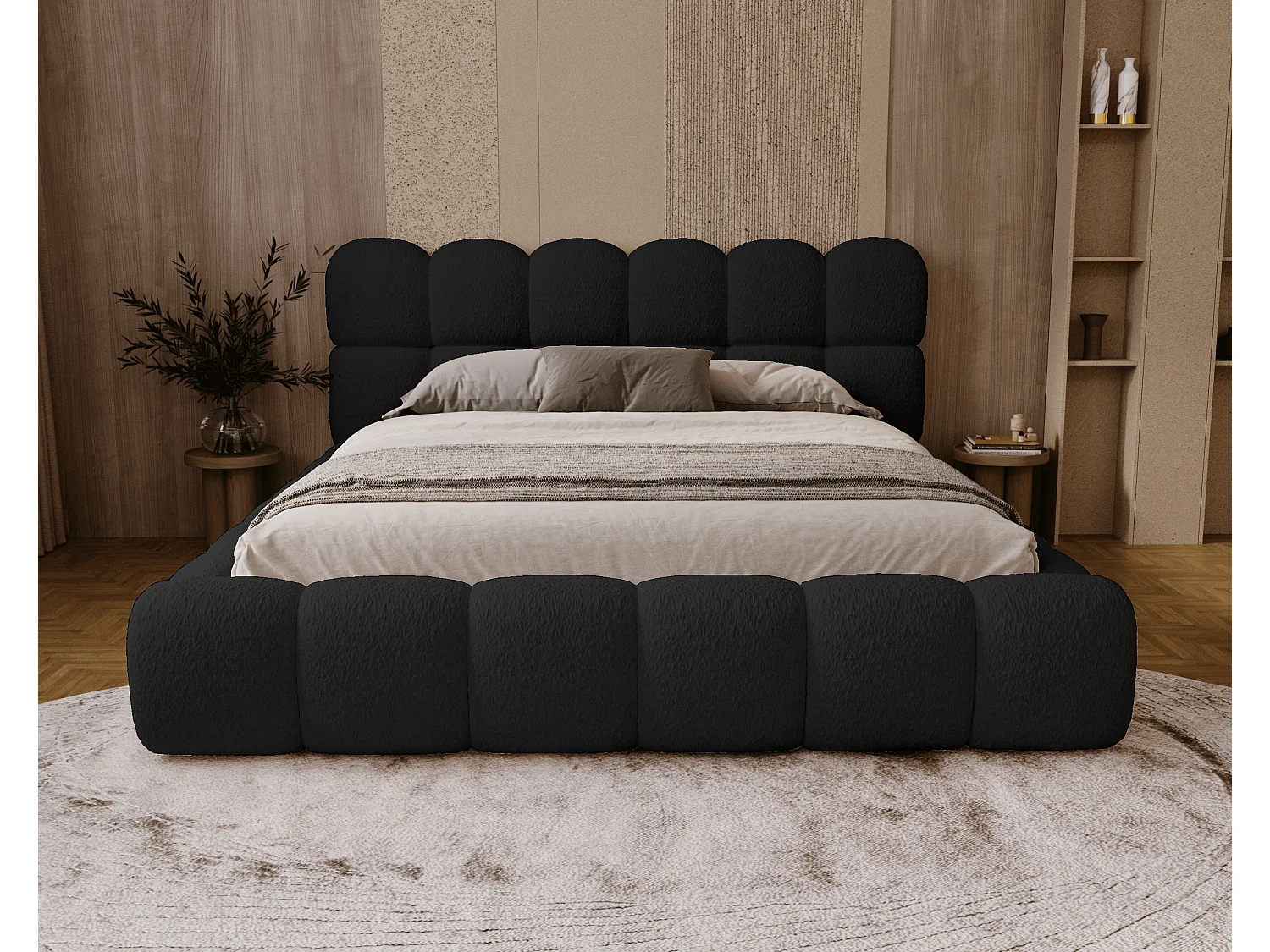 BESILIO Lit rembourré bouclé 180x200 Chicago - mousse épaisse, coffre de rangement et sommier - Noir
