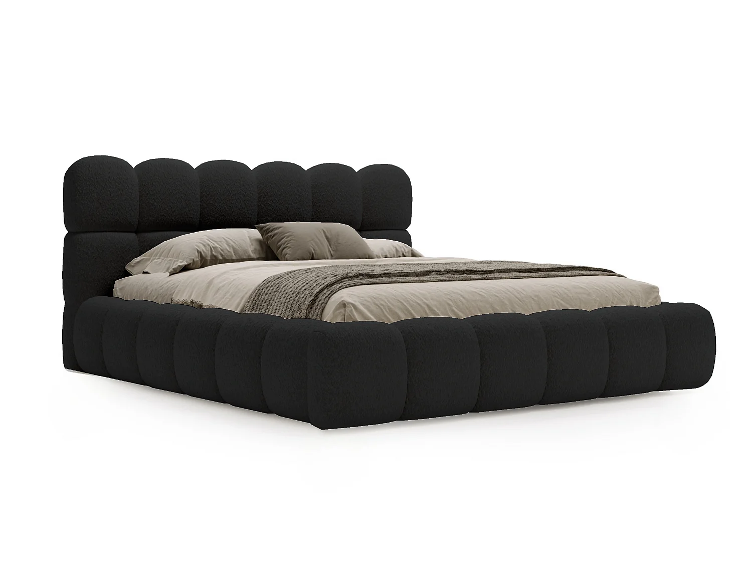 BESILIO Lit rembourré bouclé 180x200 Chicago - mousse épaisse, coffre de rangement et sommier - Noir
