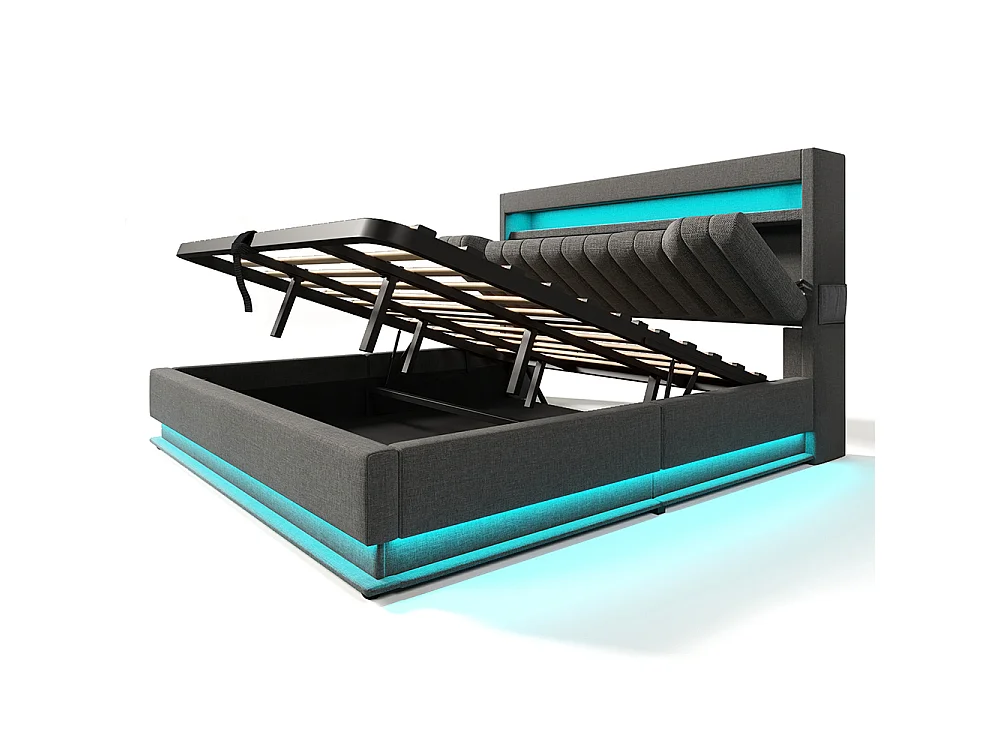 Lit coffre double 180x200 cm, Tête de lit avec rangement, USB-Type-C et éclairage LED, Lit hydraulique, Tissu lin, Gris, Sans matelas