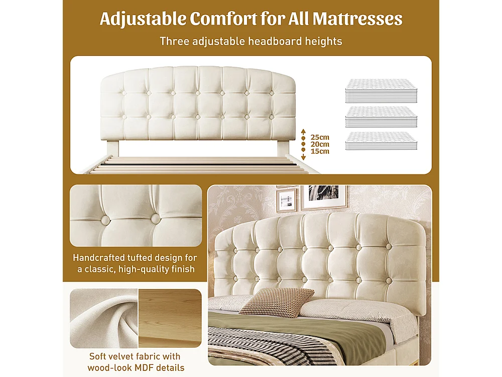 Lit double 140 x 200 cm, Lit adulte rembourré avec tiroirs et espace de rangement, Tête de lit réglable en hauteur, Sommier à lattes, Velours beige