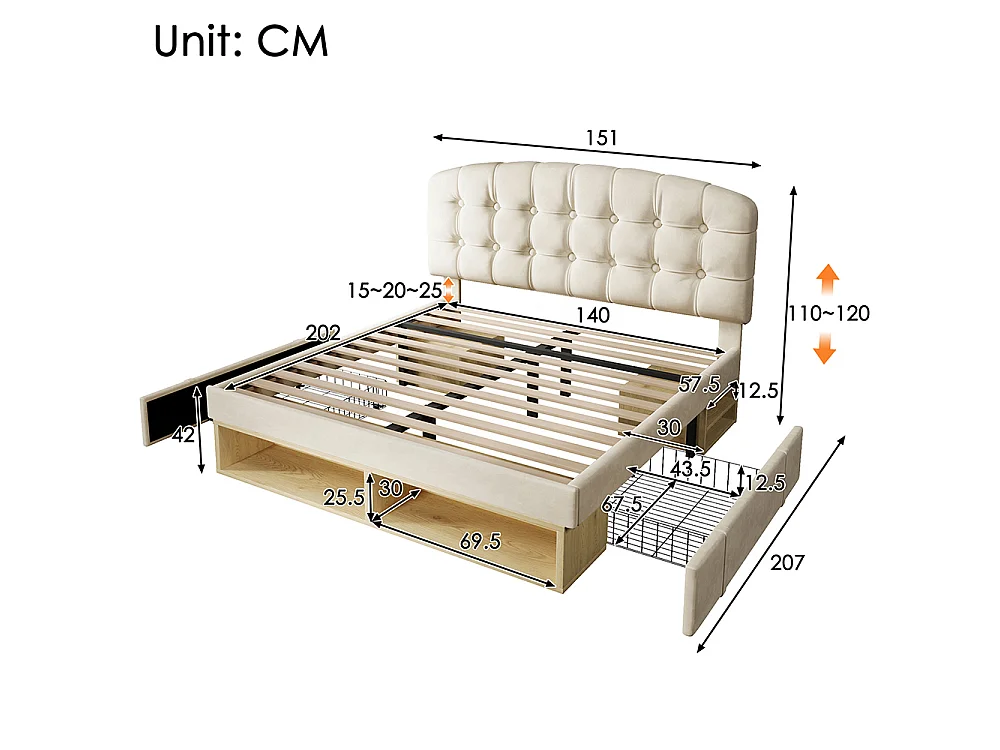Lit double 140 x 200 cm, Lit adulte rembourré avec tiroirs et espace de rangement, Tête de lit réglable en hauteur, Sommier à lattes, Velours beige
