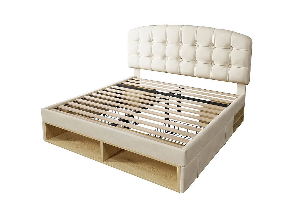 Lit double 140 x 200 cm, Lit adulte rembourré avec tiroirs et espace de rangement, Tête de lit réglable en hauteur, Sommier à lattes, Velours beige