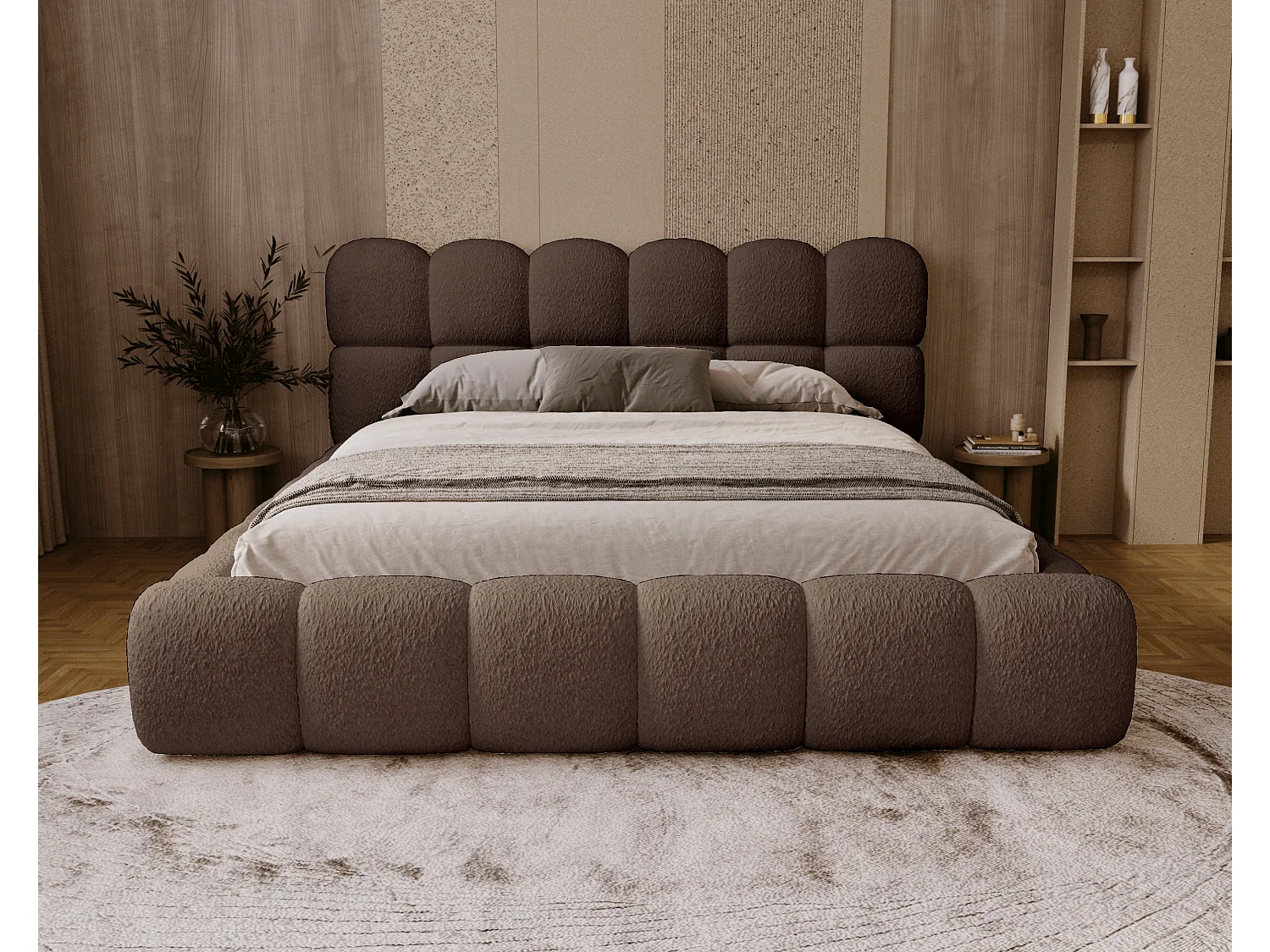 BESILIO Bouclé gestoffeerd bed 160x200 Chicago - dikke vulling, opbergruimte en lattenbodem - Bruin
