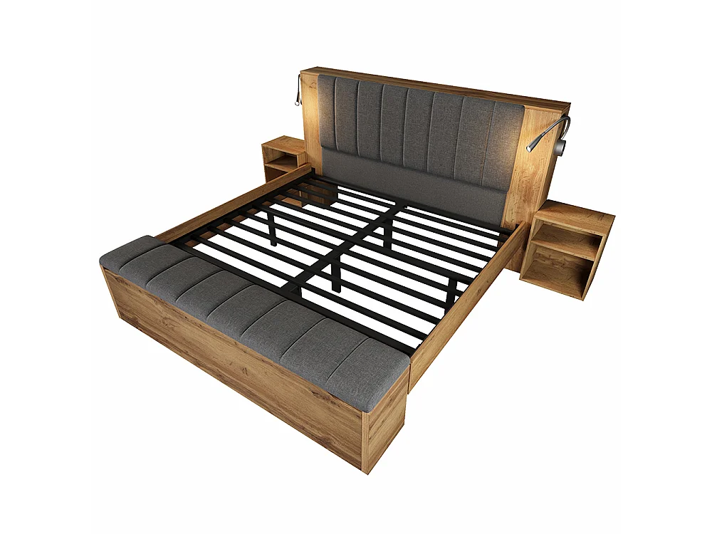 Lit 180x200 cm avec lampes de lecture, Deux tables de chevet, Lit double avec Port USB, Tête de lit rabattable revêtue et Rangement