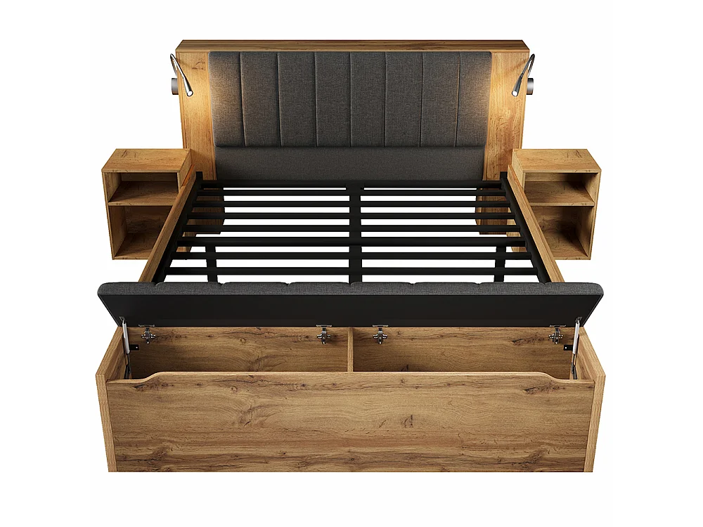 Lit 180x200 cm avec lampes de lecture, Deux tables de chevet, Lit double avec Port USB, Tête de lit rabattable revêtue et Rangement