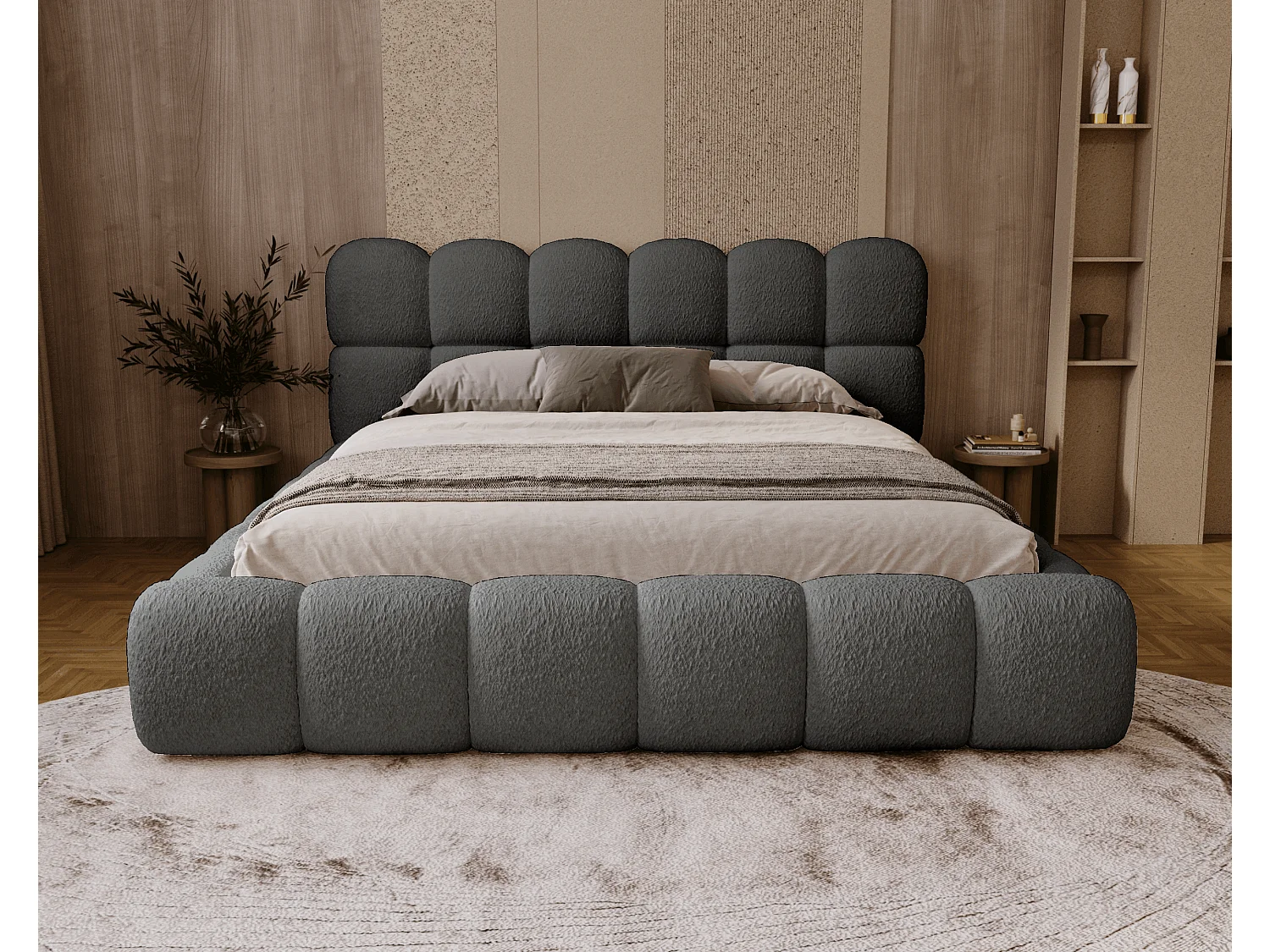 BESILIO Lit rembourré bouclé 140x200 Chicago - mousse épaisse, coffre de rangement et sommier - Gris
