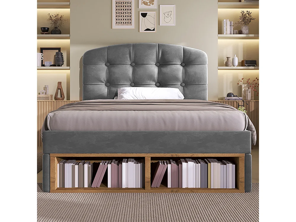 Lit simple 90 x 200 cm, Lit adulte rembourré avec tiroirs et espace de rangement, Tête de lit réglable en hauteur, Sommier à lattes, Velours gris