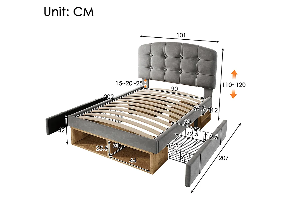 Lit simple 90 x 200 cm, Lit adulte rembourré avec tiroirs et espace de rangement, Tête de lit réglable en hauteur, Sommier à lattes, Velours gris