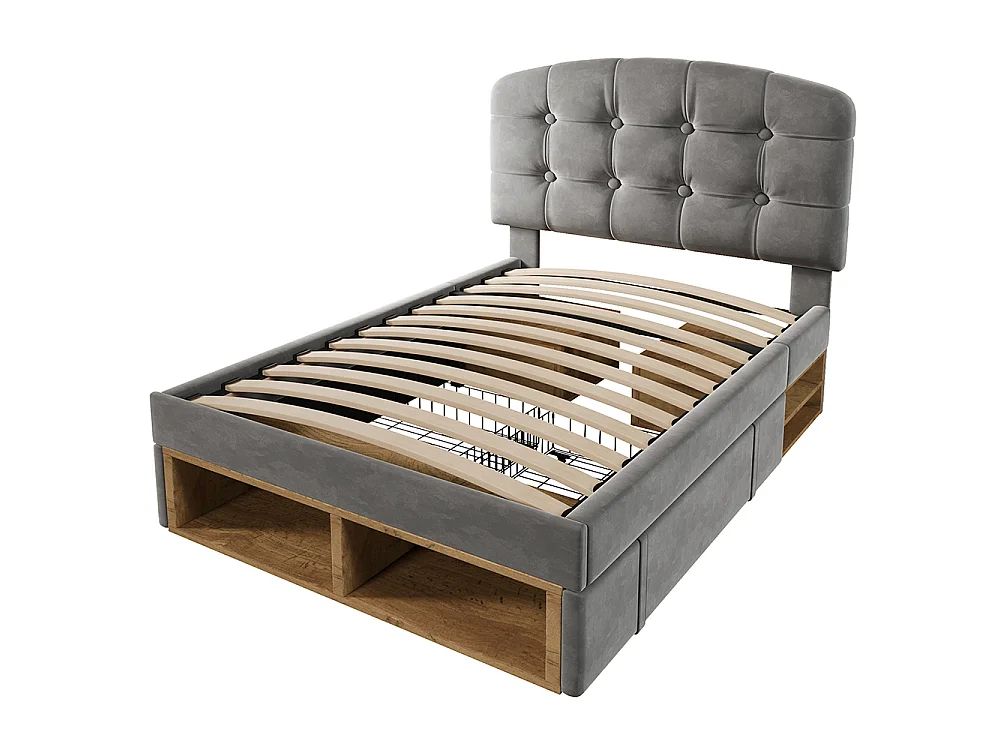 Lit simple 90 x 200 cm, Lit adulte rembourré avec tiroirs et espace de rangement, Tête de lit réglable en hauteur, Sommier à lattes, Velours gris