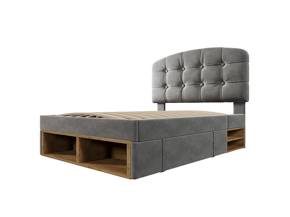 Lit simple 90 x 200 cm, Lit adulte rembourré avec tiroirs et espace de rangement, Tête de lit réglable en hauteur, Sommier à lattes, Velours gris