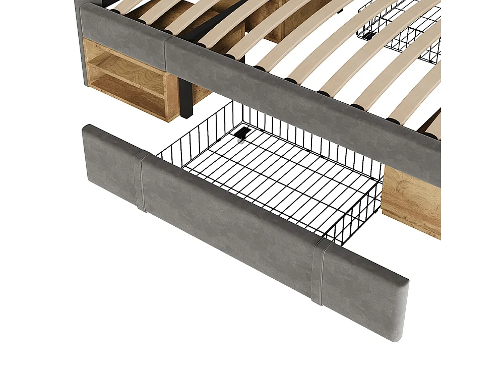 Lit simple 90 x 200 cm, Lit adulte rembourré avec tiroirs et espace de rangement, Tête de lit réglable en hauteur, Sommier à lattes, Velours gris