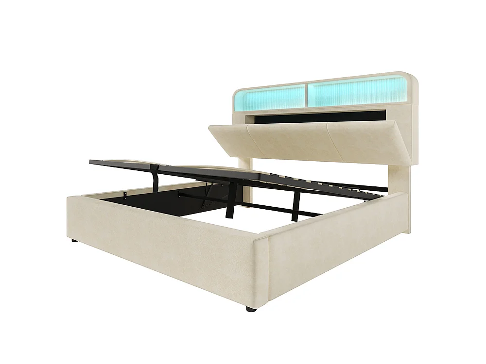 Lit coffre capitonné 160x200cm avec LED, ports USB et Type-C, tissu en velours, tête de lit avec espace de rangement et réglable, Beige